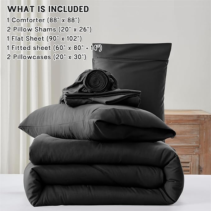 Anluoer Black Queen Comforter Set 7 Pieces, Bed in a Bag with Sheets, All Season Bedding Sets with 1 Comforter, 2 Pillow Shams, 2 Pillowcases, 1 Flat Sheet, 1 Fitted Sheet