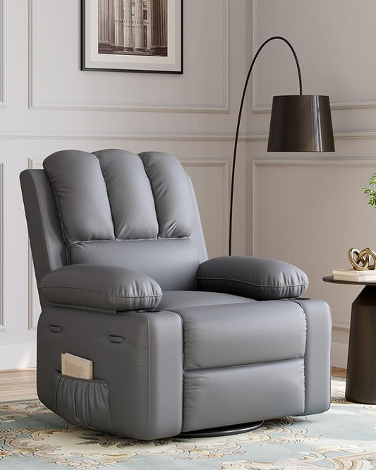 22'' Leather Recliner Chair for Adults, Overstuffed Manual Recliner Chair, Single Sofa with Cup Holder and Side Pockets, Upholstered Chair for Living Rooms, Gray