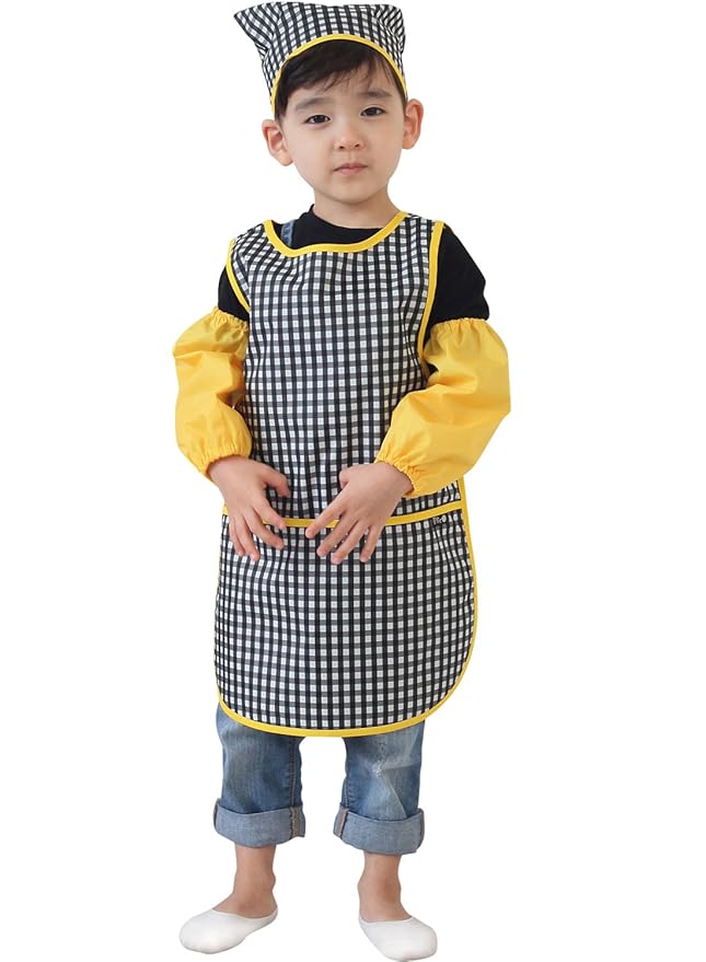 Children Waterproof Artist Painting Aprons or Art Smock 3PCS Set Black Check (33-S)
