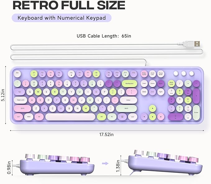 Computer Keyboard Wired, Plug and Play USB Retro Round Typewriter Keyboard, Full Size Wired Keyboard with Foldable Stands for Laptop and Office PC- Purple Colorful