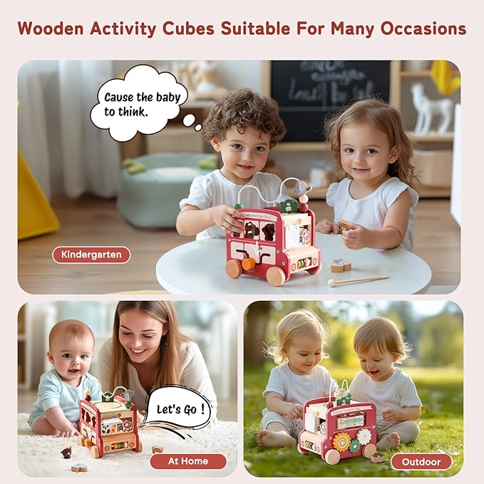 Wooden Activity Cube 8-in-1 Montessori Toys | Multifunctional Early Educational Learning Toys | Activity Cube for Baby Shape Sorter Xylophone Animal Travel Bus Toys Boy Girl Birthday Gift(Red Bus)