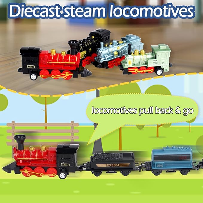 CORPER TOYS 4 Packs (24 Pieces) Pull Back Model Diecast Mini Train Toys Playset for 3 4 5 6 Year Old Boys Girls, Steam Train with Linkable Cars for Birthday Gifts