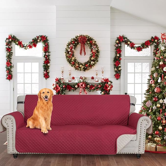 XINEAGE Loveseat Sofa Cover Waterproof Couch Covers for 2 Cushion Couch, Soft Washable Slipcover with Pockets & Non-Slip Elastic Straps, Thick Furniture Protector (Loveseat, Red)