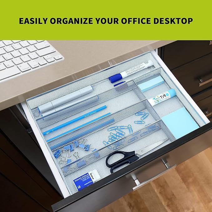 Neudeco Silverware Drawer Organizer Holder, Cutlery Tray Silverware Flatware Storage Divider for Kitchen, Bedroom, Living Room,Mesh Wire with Non-slip foam Feet, 5 Compoment( Silver)