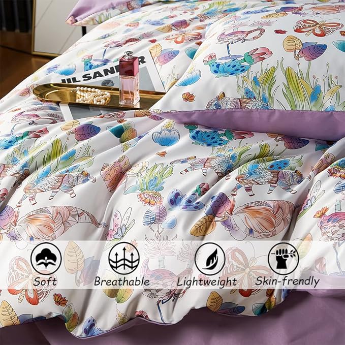 Floral Duvet Cover Set,5 PCS Garden Style Comforter Cover Set,Botanical Flower Butterfly Flamingo Pattern Bedding Set,Duvet Cover Queen,Reversible Design(Spring,Queen)