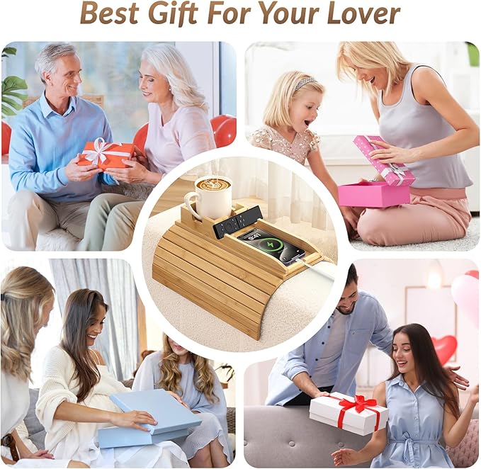 FUNKYLEE Bamboo Couch Armrest Table, Arm Tray with Removable Couch Cup Holder, 2 in 1 Design Foldable Anti-Slip Bamboo Sofa Arm Tray for Remote Controls, Phones, Cups and Snacks