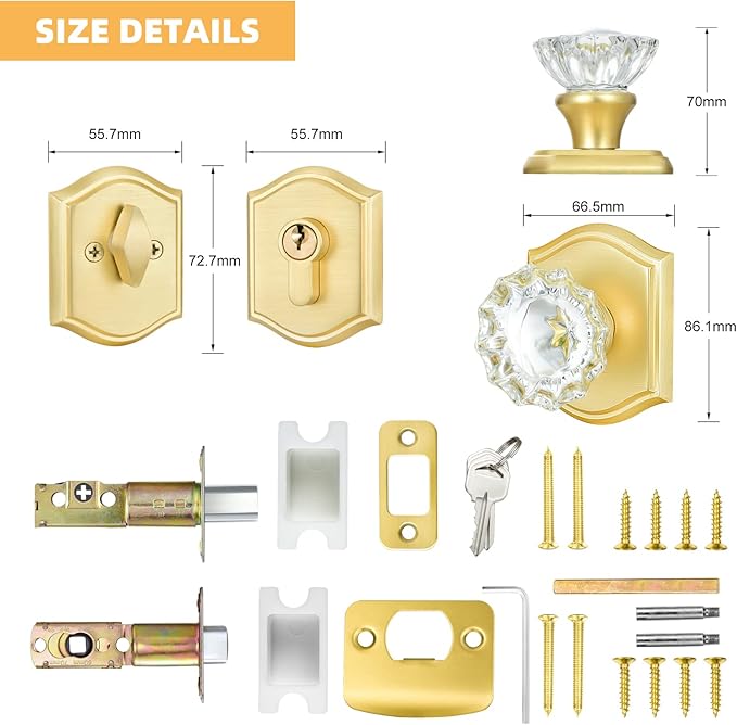 Crystal Glass Passage Door Knob and Single Cylinder Deadbolt Combo Set, Satin Brass Finish