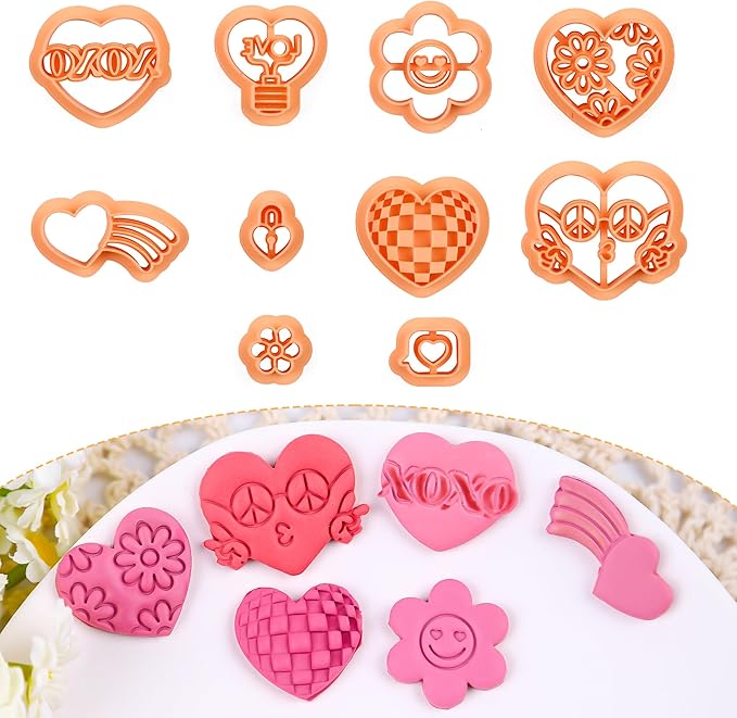 Puocaon 70s Valentines Clay Cutters - 10 Pcs Clay Cutters for Polymer Clay Jewelry Making, Vintage Disco Heart Shape Polymer Clay Jewelry Cutters, Bulb Lock Daisy Flower Clay Cutters for Earrings