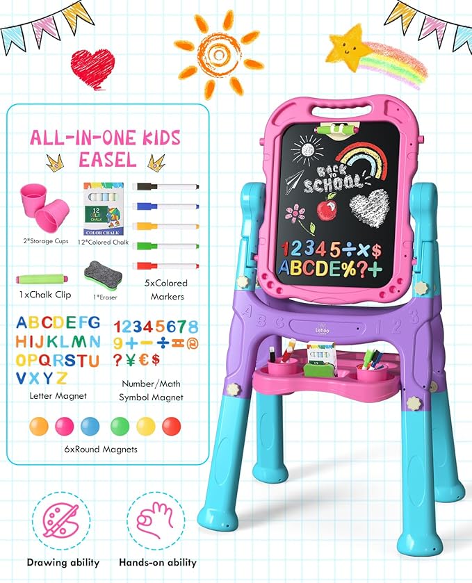 Lehoo Castle Easel for Kids, 4 in 1 Double Sided Kids Art Easel with Magnetic White Board & Chalk Board, Adjustable Standing Toddler Easel with Drawing & Writing Accessories (Blue, Purple, Pink)
