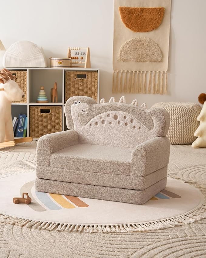 Blissful Diary Kids Couch, 2-in-1 Soft Toddler Couch Fold Out, Toddler Chair Comfy, Convertible Sofa to Lounger with Cute Dinosaur Designs, Pale Khaki