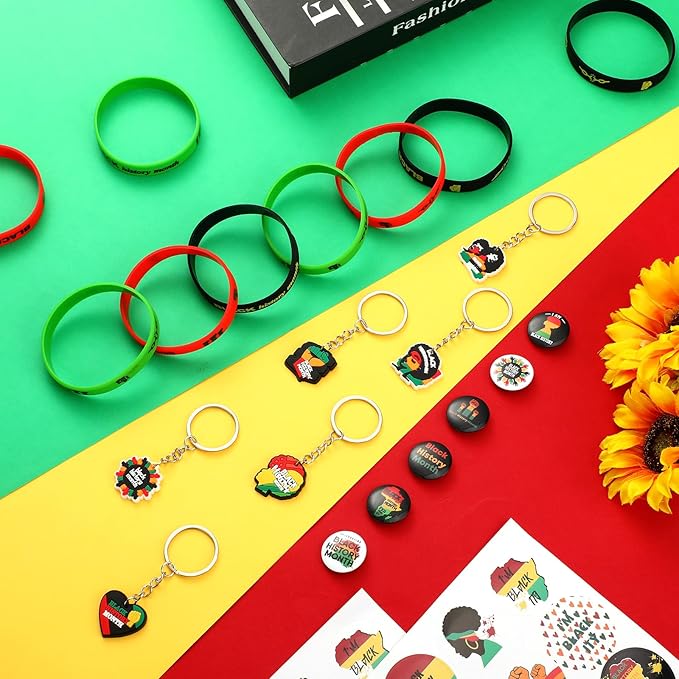 38 Pcs Black History Month Party Favors Including 12 Pcs Elastic Rubber Bracelets 12 Pcs Keychain 12 Pcs Buttons Badges Pins 2 Pcs Labels Stickers for Party African Black Freedom Day Supplies