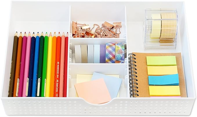 CAXXA 2PK - 3 Slot Drawer Organizer with Two Adjustable Dividers - 5 Compartments Drawer Storage Junk Drawer Organizer for Office Desk Supplies and Accessories, White