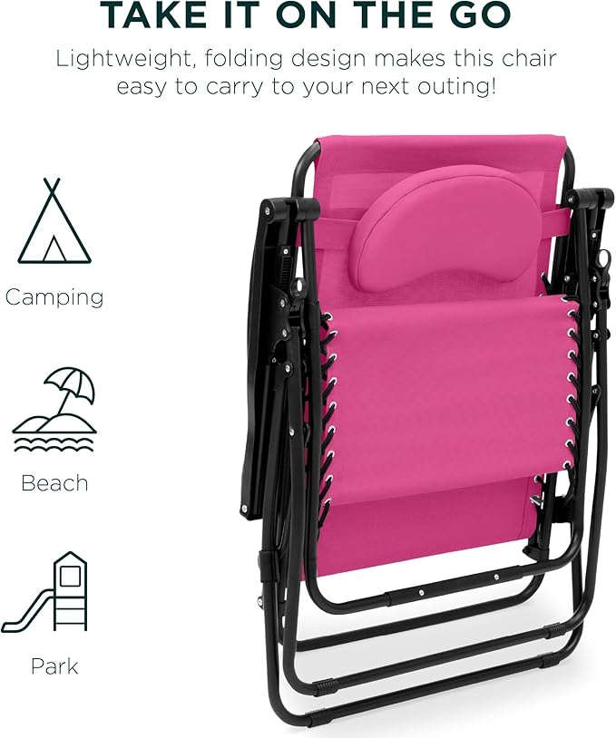 Best Choice Products Oversized Zero Gravity Chair, Folding Outdoor Patio Lounge Recliner w/Cup Holder Accessory Tray, Pillow - Hot Pink/Black