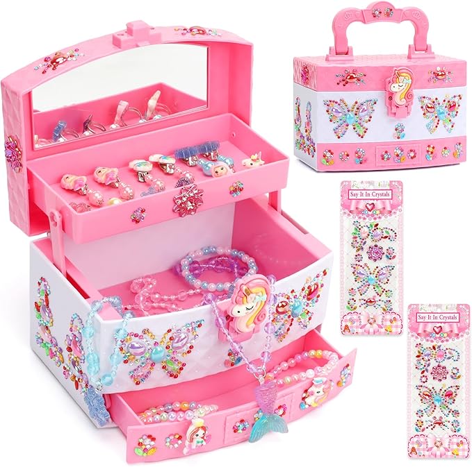 Jewelry Box for Girls, Unicorn Toys for Girls Age 4-6 Kids Jewelry Box, Toddler Girl Jewelry Set with Princess Necklaces/Bracelets/Earrings/Rings, Funny Christmas Birthday Gifts for 3-6 Year Old Girl