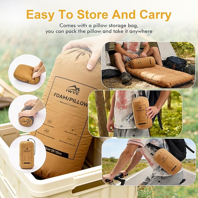 IWVE Thick Camping Memory Foam Pillow, Compressible & Ultralight Travel Pillow for Backpacking - Ergonomic Neck & Lumbar Support for Side Sleepers, Compact for Hiking, Car, Airplane