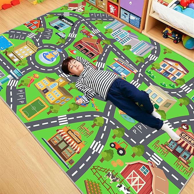 Kids Room Rug - Soft & Non-Slip 9x12 Ft Town Car Rug City Map Play Mat, Childrens Road Catpet Washable Rug for Classroom Nursery Bedroom Boys