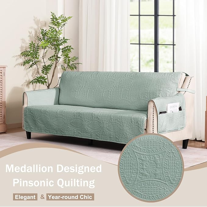 Soft Sage Quilted Couch Cover with Pockets for Extra-Large Sofa, Anti-Slip Sofa Covers Washable for 3 Cushion, Pet Friendly Oversized Sofa Cover Water-Repellent (X-Large Sofa 78", Sage Green)