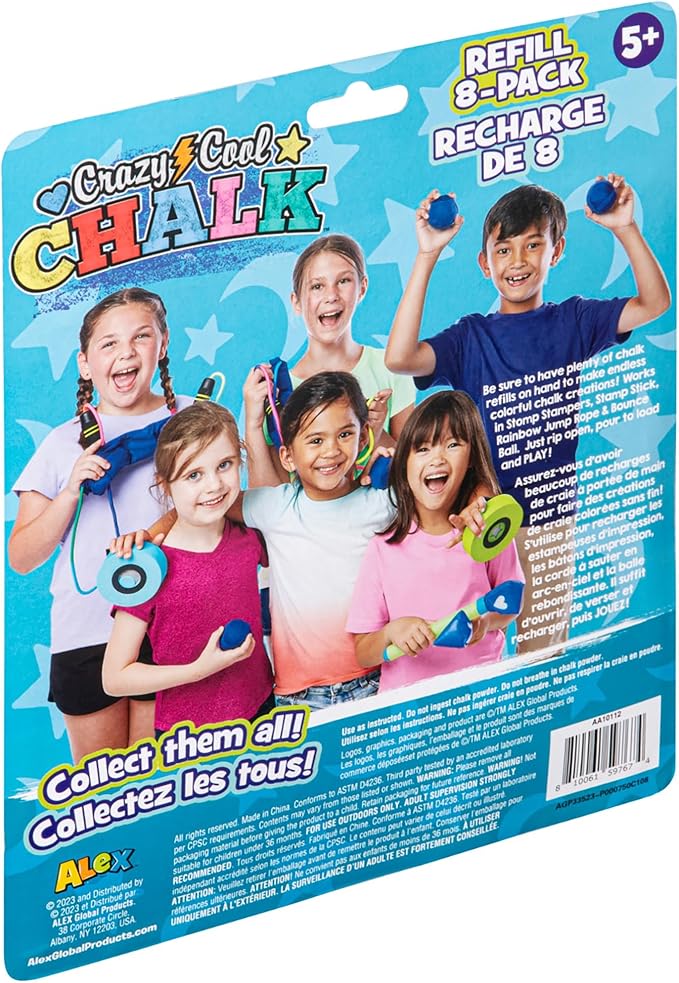 Alex: Crazy Cool Chalk - Refill 8 Pack - 8 Chalk Pks, Works with Crazy Cool Chalk Line, Outdoor Sidewalk & Driveway Art, Kids Age 5+