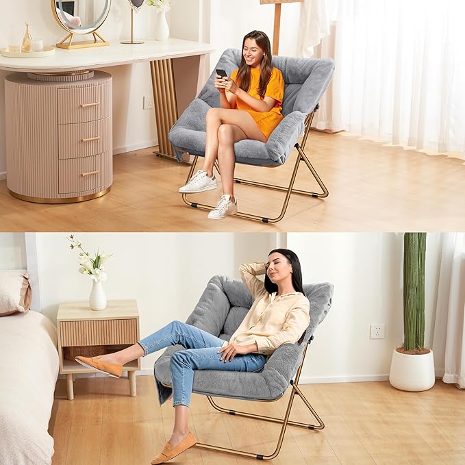 Comfy Saucer Chair, Foldable Living Room Chairs, Soft Faux Fur Lounge Chair for Bedroom, Reading Chairs for Adults, Kids, X-Large (Grey)