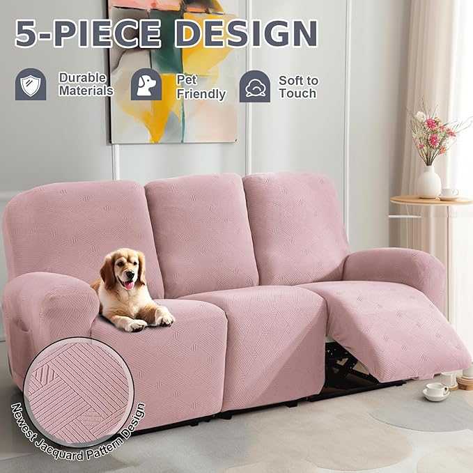JIVINER Recliner Couch Cover, Jacquard 5 Piece Stretch Sofa Covers for 3 Cushion Reclining Lazy Boy Soft Washable Sofa Slipcovers Protector with Pockets (Recliner Sofa, Dusty Pink)