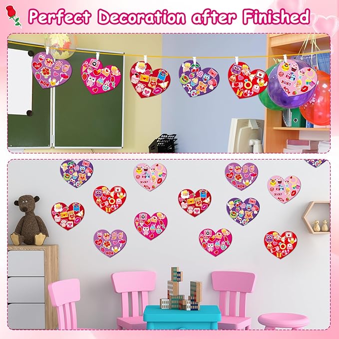 36 Sets Valentine's Day Heart Craft Kits for Kids Valentines DIY Heart-Shaped Craft Kits with Stickers Valentines Day Hanging Multicolor hearts Crafts for Classroom Home Activity Decoration