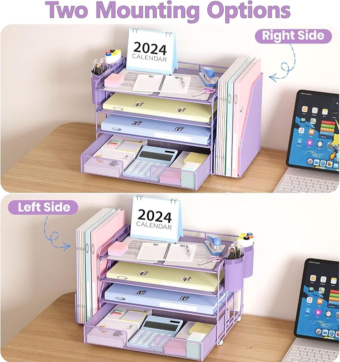 OPNICE Desk Organizer, 4-Tier Desktop File Organizer with Drawer and 2 Pen Holders, Office Desk Accessories, File Sorters, Workspace Organizers for Office Supplies(Purple)