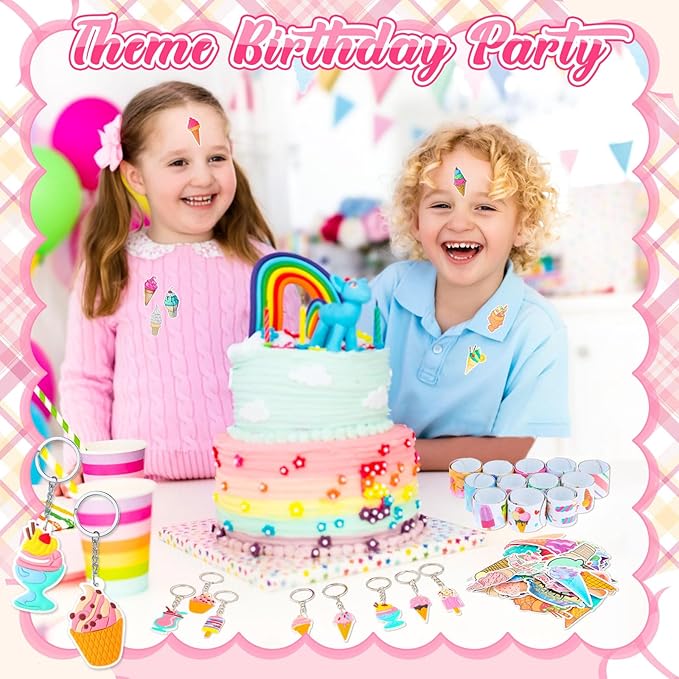 196 Pcs Ice Cream Party Favors Ice Cream Cone Stickers Cute Ice Cream Keychains Ice Cream Slap Bracelet for Ice Cream Theme Birthday Party Sweet Summer Baby Shower Classroom Rewards