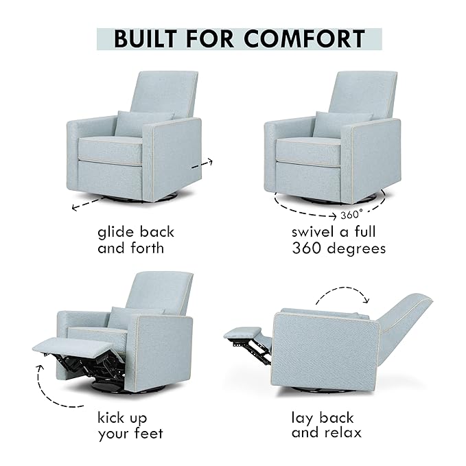 DaVinci Piper Upholstered Recliner and Swivel Glider in Heathered Blue with Cream Piping, Greenguard Gold & CertiPUR-US Certified