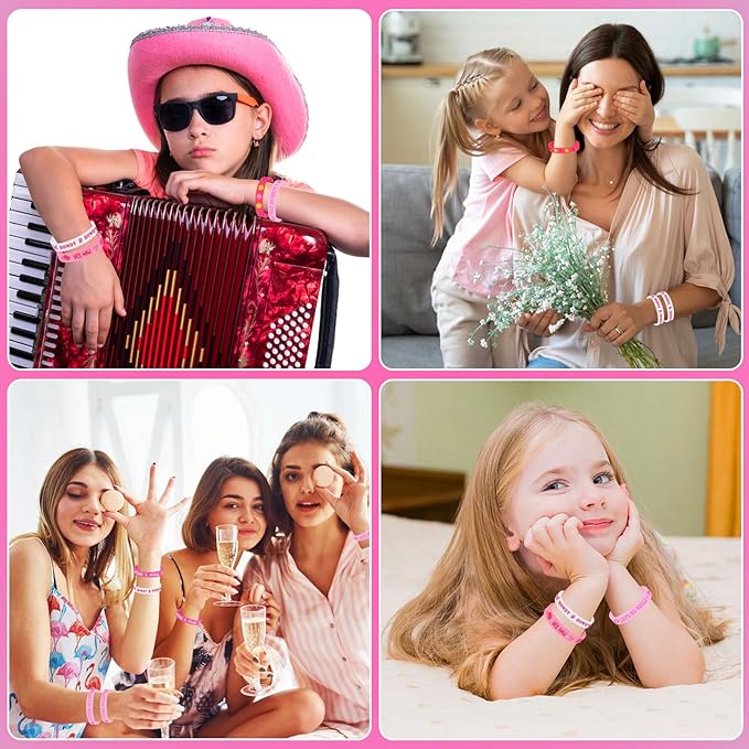 JUNEBRUSHS 42pcs Preppy Party Favors Bulk Pink Preppy Birthday Rubber Bracelets Silicone Wristband for Girls Students Birthday Party Favor Gift Supplies(6 Style)