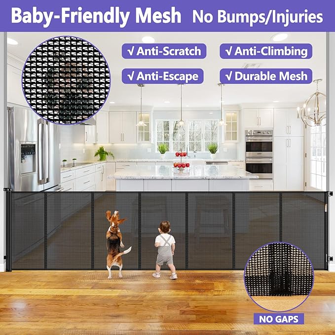 42 Inch Extra Tall Baby Gate 120 Inch Extra Wide Retractable Baby Gates for Large Openings, Upgraded Retractable Gate Keeps Pets from Getting Under Extra Tall Pet Gate, Indoor/Outdoor Long Baby Gate