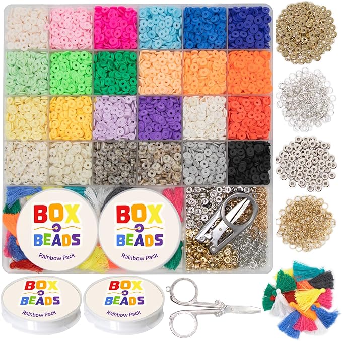 Felix LeChef Clay Bead Bracelet Making Kit for Girls Ages 10-12, 6000 Pcs Jewelry Craft Set, 24 Color Flat Clay Heishi Bead kit, Tassels and Charms for Jewelry Making, Preppy Friendship Bracelets