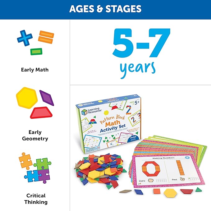 Learning Resources Pattern Block Math Activity Set, Math Games for Kids, Educational Games, Preschool Math, Montessori, 144 Pieces, Age 5+