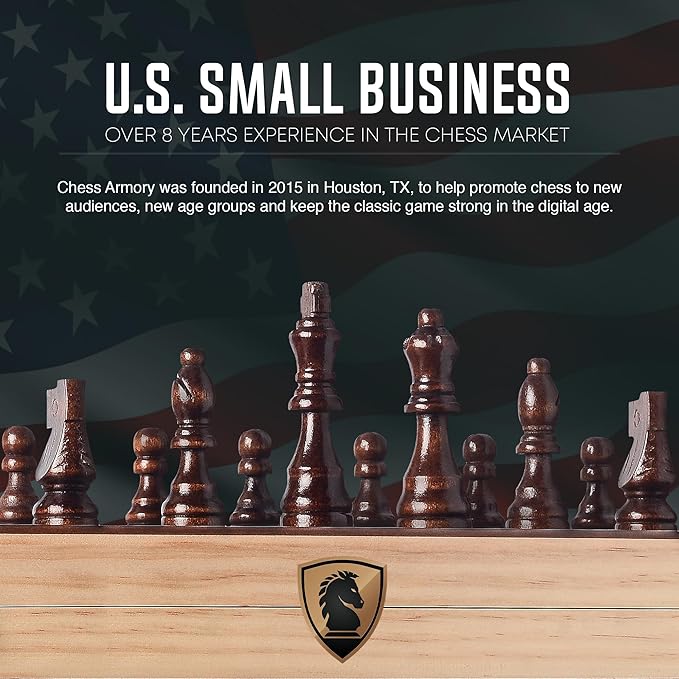 15 Inch Magnetic Wooden Chess Set for Adults & Kids - Folding Travel Chess Board with Handcrafted Staunton Pieces, Extra Queens, and Storage Slots