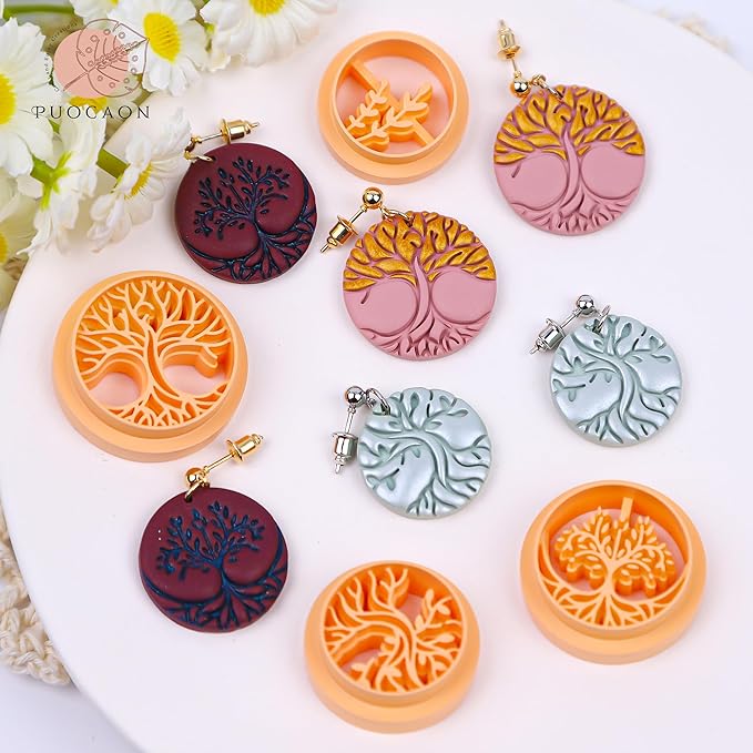 Puocaon Boho Polymer Clay Cutters - 4 Pcs Tree of Life Clay Cutters for Polymer Clay Jewelry Making, Embossed Polymer Clay Cutters for Earrings Jewelry, Life Tree Clay Jewelry Cutters Earrings Making