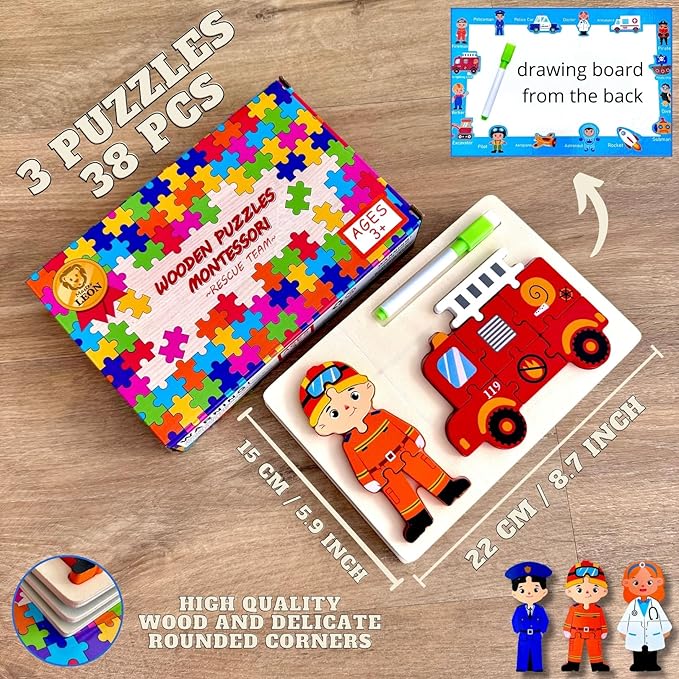 MASTER LEON - Wooden Toddler Puzzles 3-5 - Montessori Wooden Jigsaw Puzzle - Learning Educational Toy - Toddler Puzzle Vehicle Ages 3-4-5 Year Old - 3 Pack