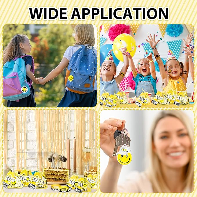 72PCS One Happy Dude Birthday Party Favor for Kids Smile Face Theme Gifts Set Include Bracelet Tatto Thank You Card with Keychain and Organza Smile Party Classroom School Supplies