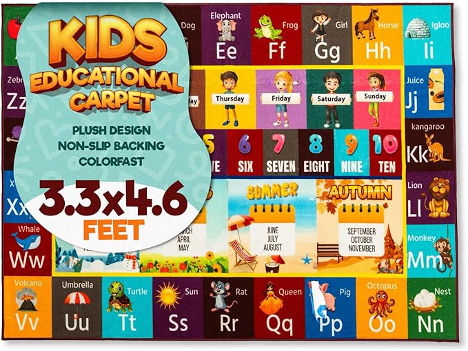 Educational Rug – Non-Slip ABC Carpet for Kids Room – 55" x 39" Soft Alphabet Kids Rug for Playroom, Daycare, Preschool, Classroom, Play Mat – Childrens ABC Mat with Letters Numbers Animals Months