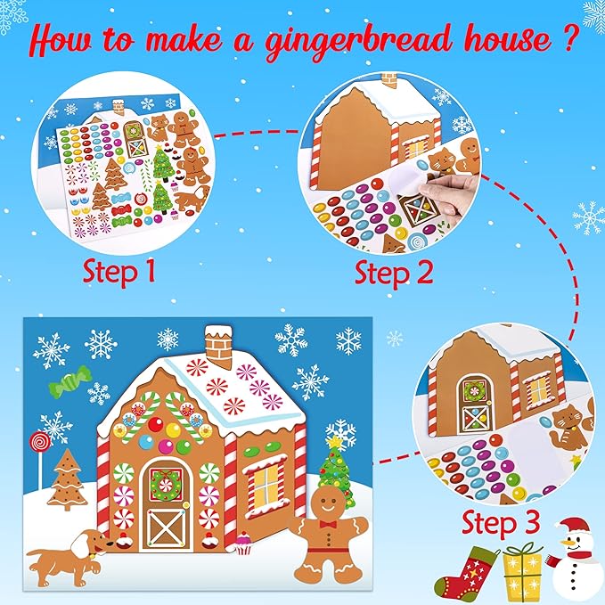 32PCS Make-a-Gingerbread House Stickers for Kids - Christmas Party Game/Craft/Activity/Favor/Supplies - 16 Finished Products