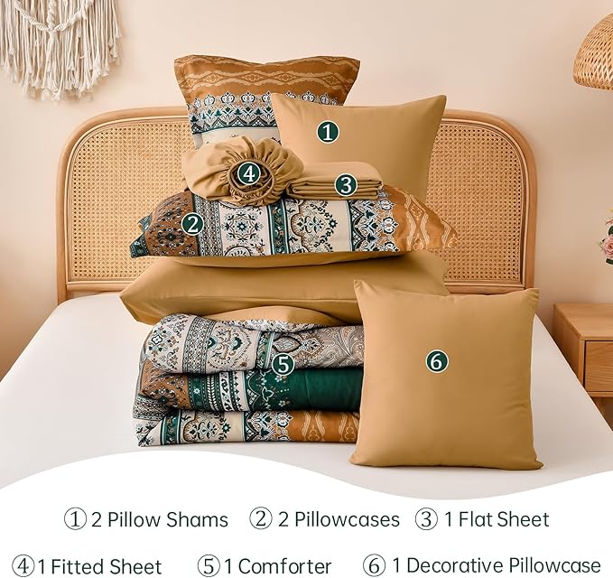 Cottolester Boho Comforter Set King Size,8 Pieces Brown and Green Bohemian Striped Bed in a Bag,Paisley Soft Microfiber Bedding Comforter Set