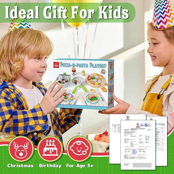 Lehoo Castle Play Food Sets for Kids Kitchen, Wooden Toys Play Kitchen Accessories with Pot and Pan, Pizza Toy Pretend Play for Toddlers 3-5, Realistic Pasta Felt Play Food Set, 3 Year Old Girl Gift
