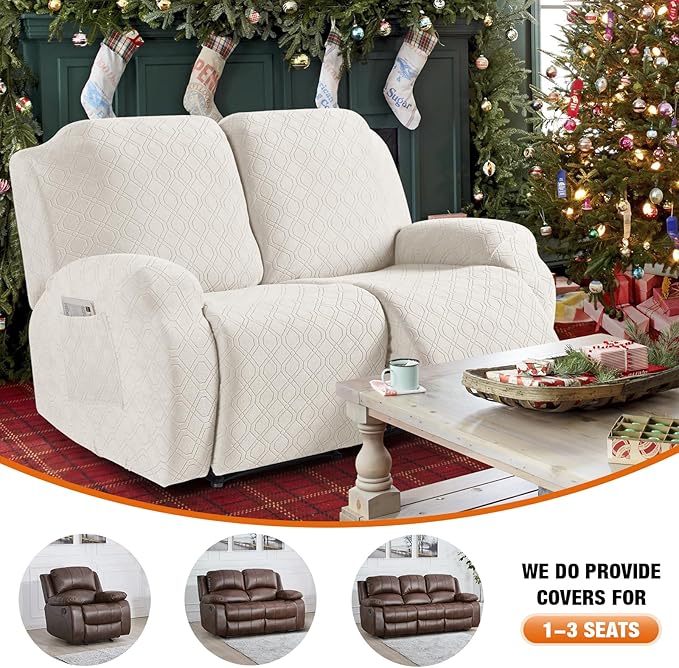 VANSOFY Recliner Cover, 2-Pieces Stretch Reclining Couch Cover with Pockets Loveseat Sofa Slipcovers Soft Washable Furniture Protector for Dogs Cats(Off White)