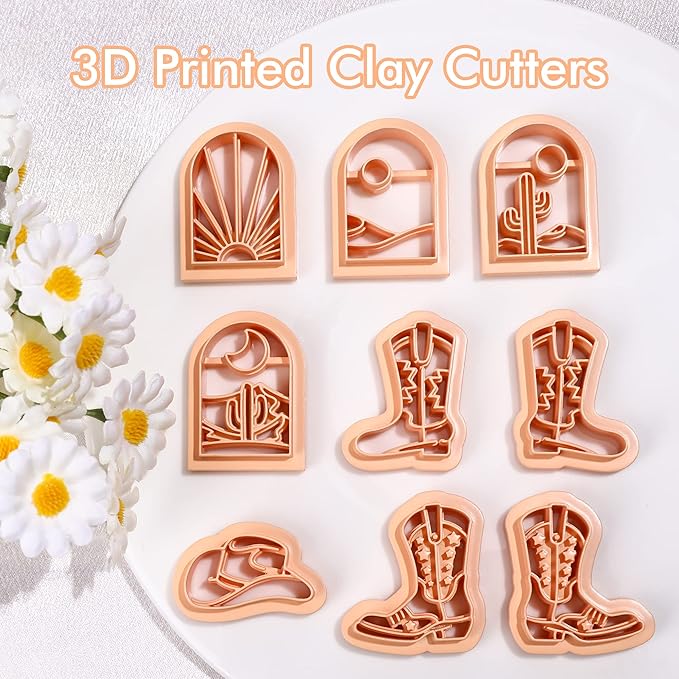 Puocaon Western Polymer Clay Cutters - 9 Pcs Clay Cutters for Earrings Making, Cowboy Hat Boot Clay Cutters Set, Rising Sun Clay Jewelry Cutters, Desert Scene Polymer Clay Cutters for Jewelry Making