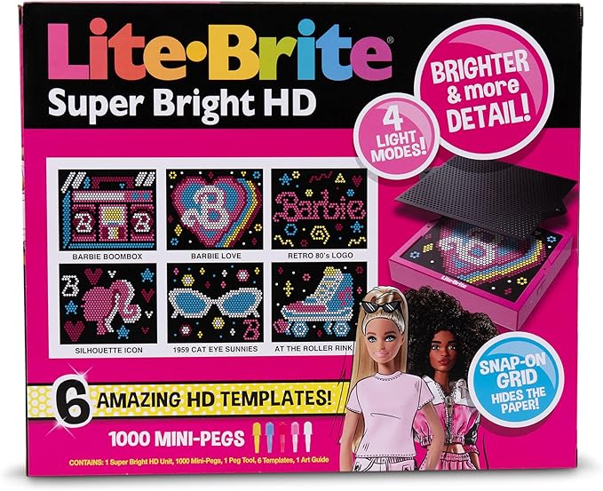 Lite Brite Super Bright HD, Barbie Edition - Creative Retro Light-Up Screen – Educational Play for Children, Enhances Creativity, Gift for Girls and Boys Ages 6+
