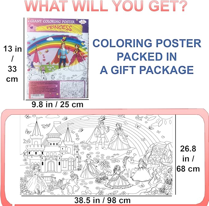 ALEX Art, Giant Coloring Poster - Princess Huge Posters to Color - Large Coloring Poster for Wall - Coloring Posters for Kids - Giant Coloring Pages - Jumbo Coloring Poster, Big 38.5" x 26"
