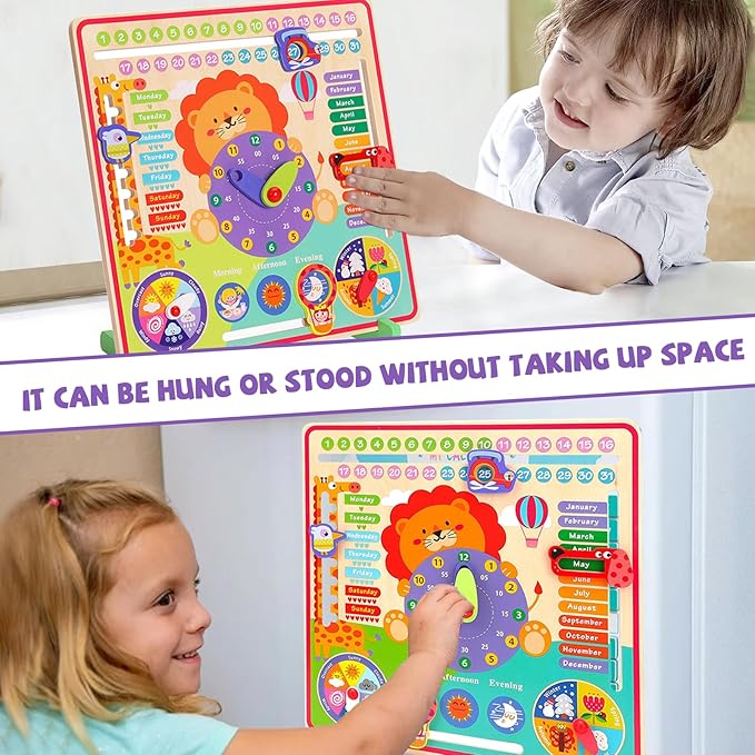 Montessori Toys for 4 Year Old,Wooden Calendar and Teaching Clock for Kids Learning Clock for Telling Time, Date, Days of The Months, Seasons and Weather-Educational Toys for Boys and Girls(7 in 1)