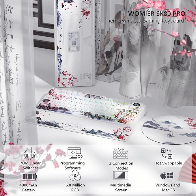 Womier 75% Wireless Mechanical Keyboard with Color Multimedia Screen Gaming Creamy Keyboard, Theme 3-Modes Hot Swappable Key Board w/Wrist Rest,SK80 PRO Gasket RGB Custom for Mac/Win,Red Plum