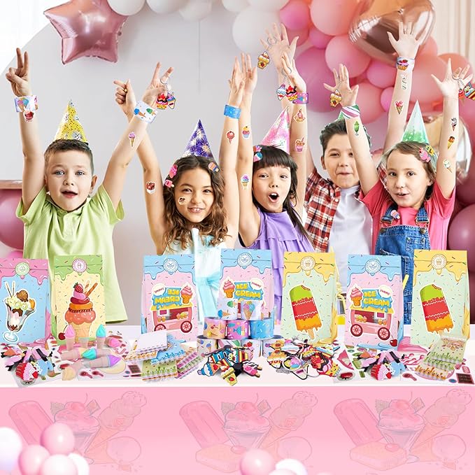 Bluegogo 148 Pcs Ice Cream Party Favors Include Mini Notebook Highlighter DIY Sticker Gift Bag Slap Bracelet Keychain Shoe Charms Hair Clip for Ice Cream Birthday Party Decoration