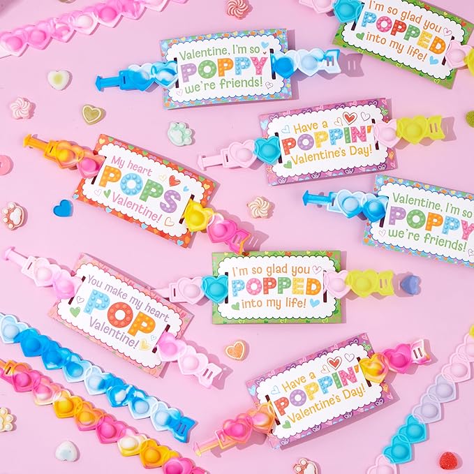 JOYIN 28 PCS Valentines Day Gifts for Kids, Valentines Cards with Heart Pop Bubble Bracelets, Stress Relief Fidget Toys for Girls Boys Toddler Valentines Classroom School Exchange Gifts Party Favor