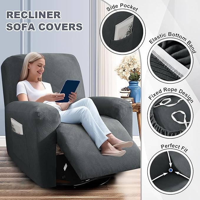 JIVINER Loveseat Recliner Covers, Jacquard 4 Piece Recliner Sofa Cover with Pockets Washable Lazy Boy Reclining Couch Protector with Elastic Bottom (Recliner Loveseat, Dark Gray)