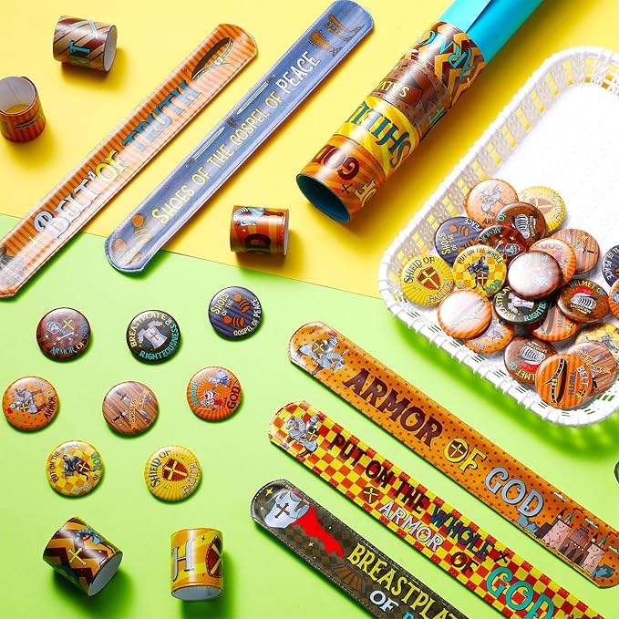 Frienda 60 Pieces Religious Knight Slap Bracelets with Button Pins Medieval Theme Wristbands Snap Bracelets Christian Pinback Buttons for Kids Christian Party Favors Sunday School Gifts